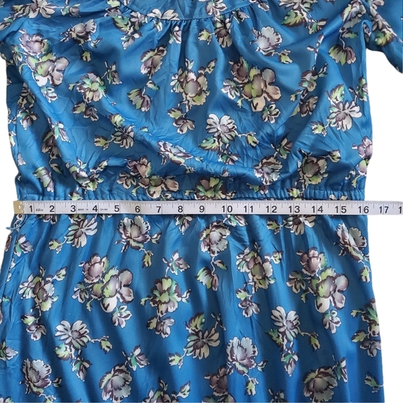 Vintage 70s Sears Bluson Wide Sleeve Blue Cherry Blossom Floral Day Dress 12 - Picture 8 of 12